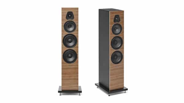Sonus Faber Lumina V Floorstanding Speakers Walnut with maple inlays veneered multilayer wood – Black Leather